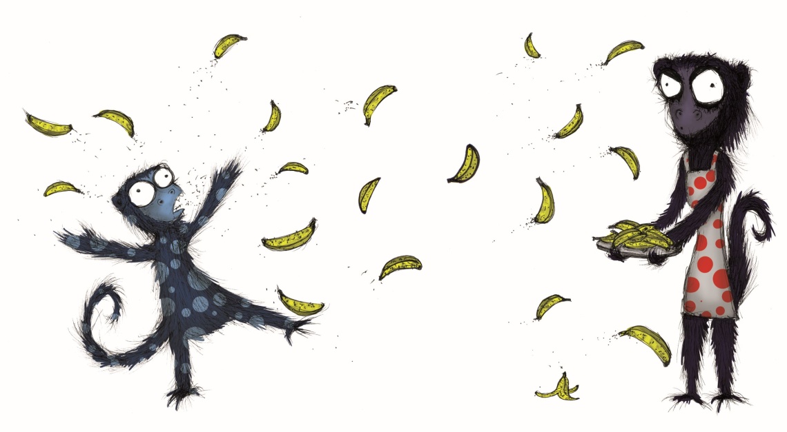 Digital illustration of monkey Mum child and bananas 
