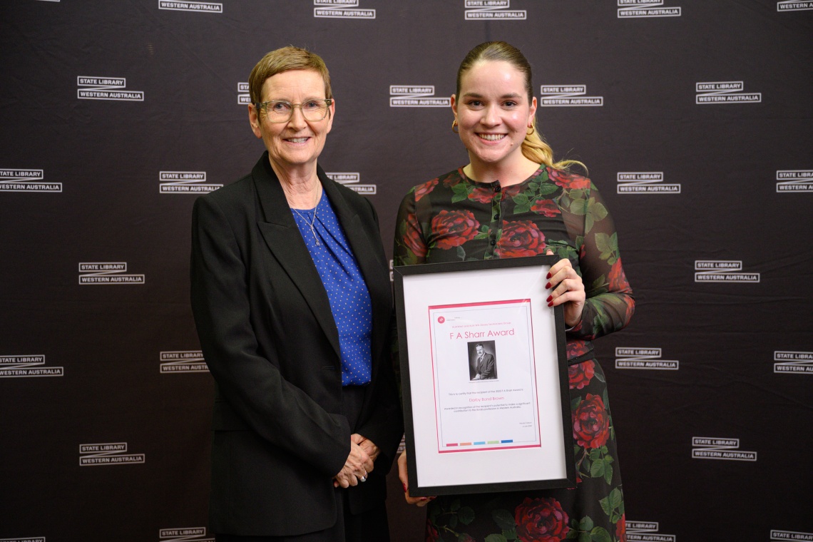 Catherine Clark CEO and State Librarian State Library of Western Australia with winner of the F A Sharr Award  Darby Bond Brown 