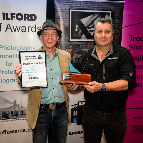 Johannes Reinhart winner of the 2025 Ilford WA Professional Photographer of the Year and Fine Art Photographer of the Year with Kym Peacock National Sales Manager Ilford Professional Imaging