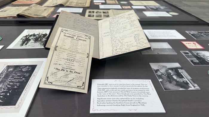 Display case showing one of the original broadcast logs