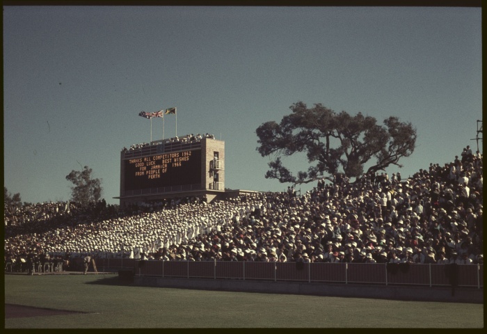 At the closing ceremony for the 1962 Games a sign on the scoreboard sends best wishes for Jamaica for the next British Empire and Commonwealth Games