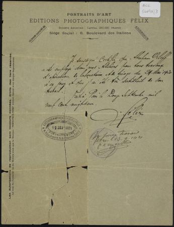 Reference letter from Editions Photographiques Felix Paris 13 September 1921