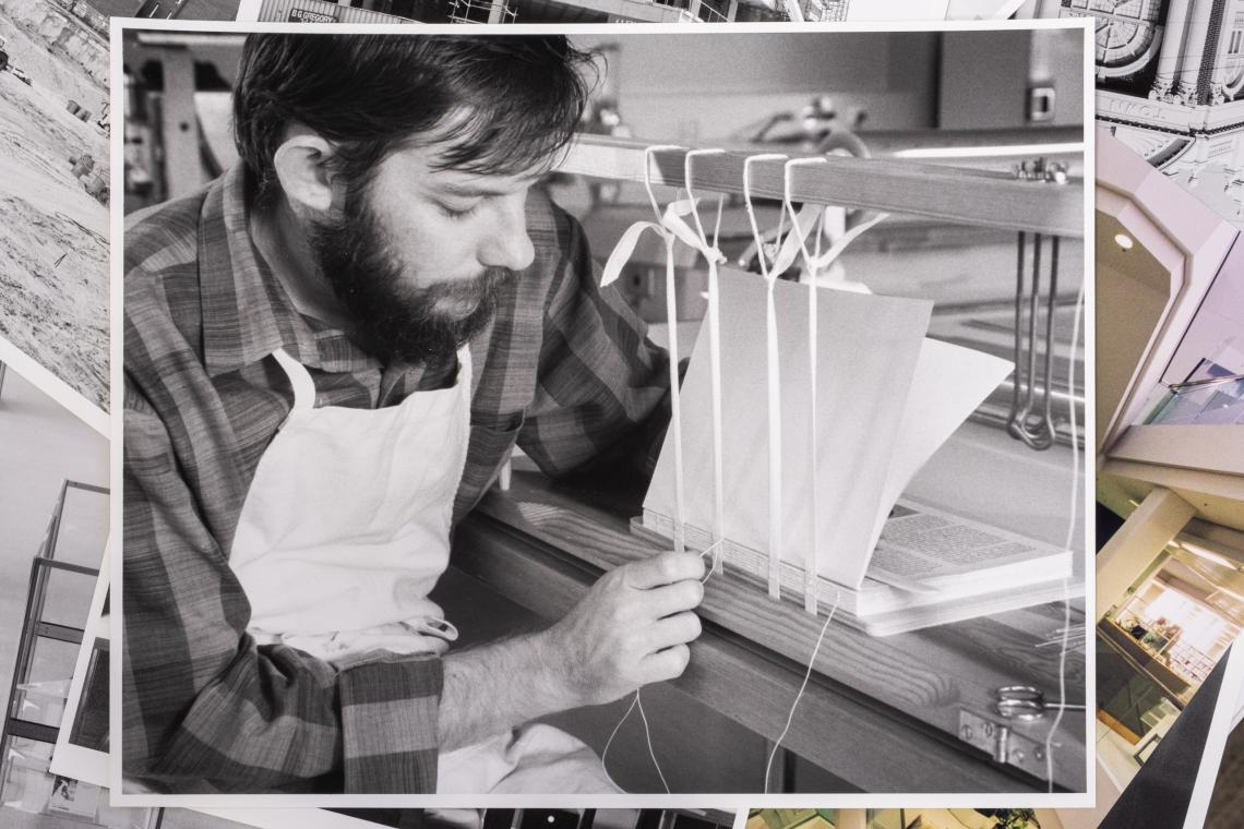 Alexander Library Building Conservator repairing book c1985-86