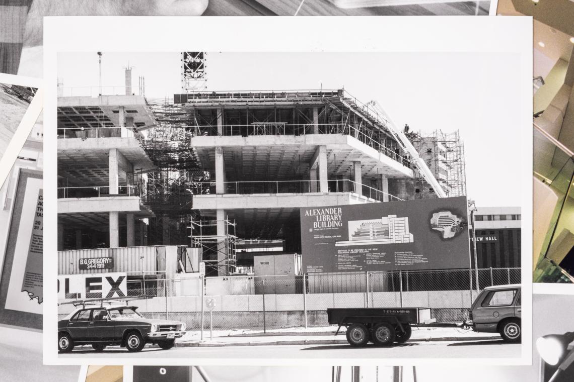 Alexander Library Building construction view from James Street c1983-4