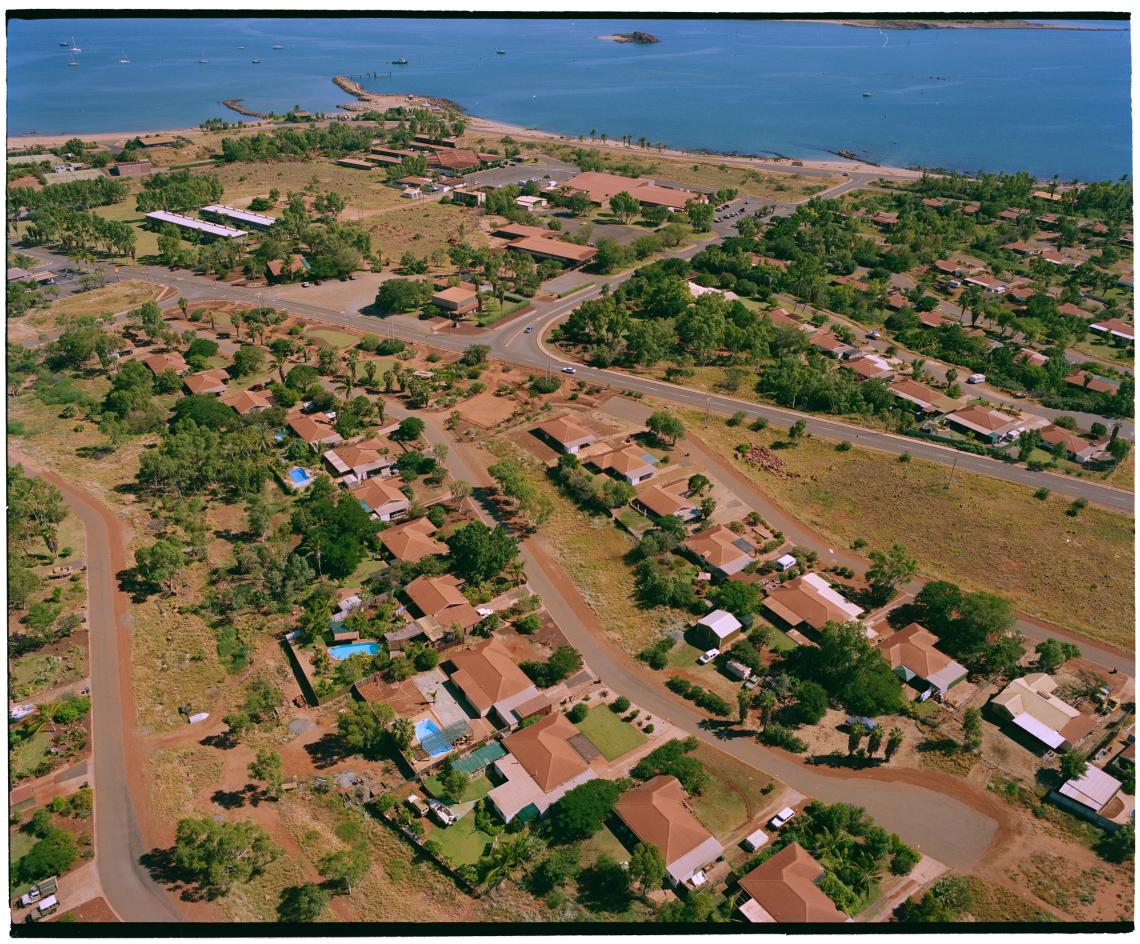 Hardy Crescent foreground with Gascoyne Crescent to the right from the centre of the image to the right bottom corner Church Road runs across the photograph with Central Avenue turning off it towards the ocean Dampier 15 May 1995