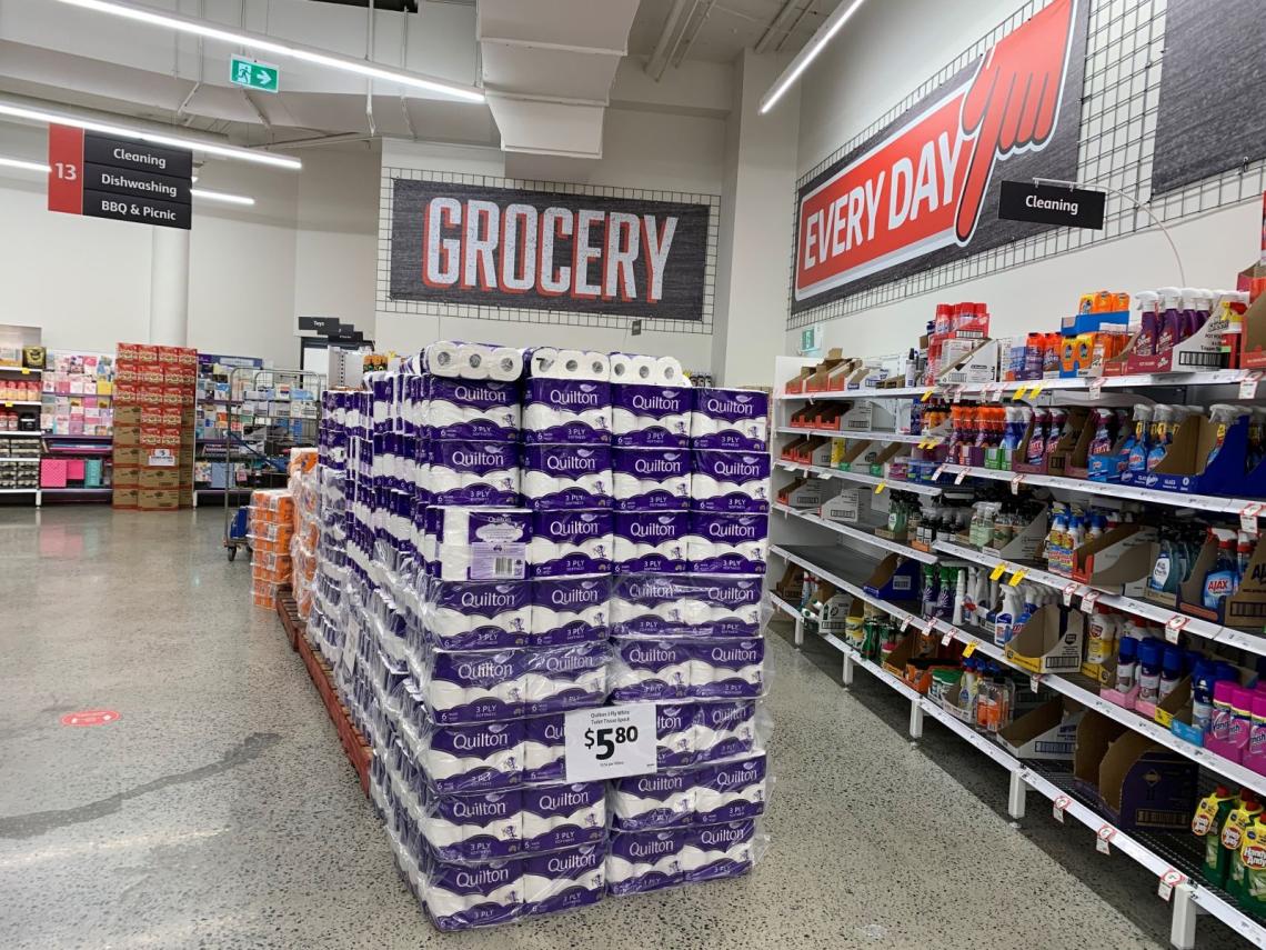  Huge restock of toilet paper filling middle of aisle Subiaco Coles following a period of panic buying during COVID-19 pandemic 28 April 2020